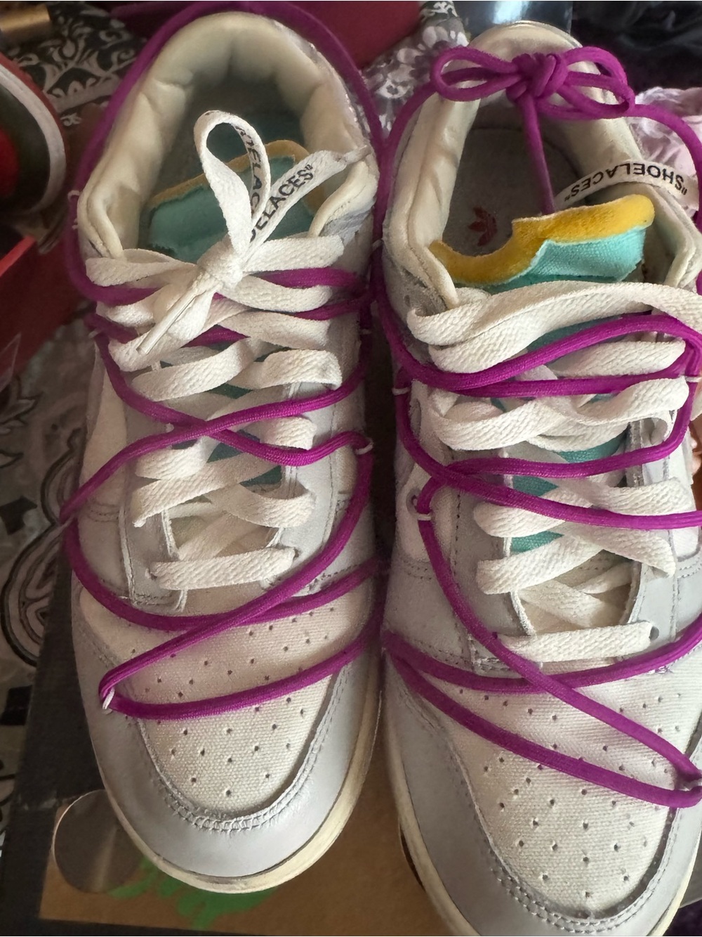 Off-White Men's White Sneakers with Purple Laces and Teal Tongue